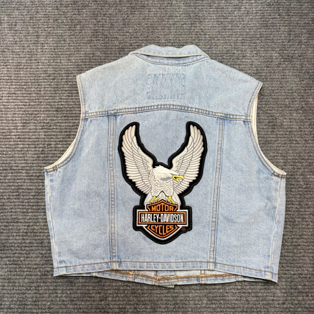 Vintage LEI Harley Davidson Eagle Patch Denim Vest Womens Large Light Wash 90s